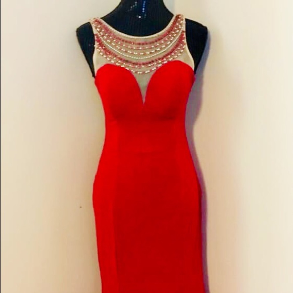 Red,long, stretchy, side zip dress